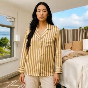 Victoria's Secret Satin Striped Button Down Tan and White Pajama‎ Shirt